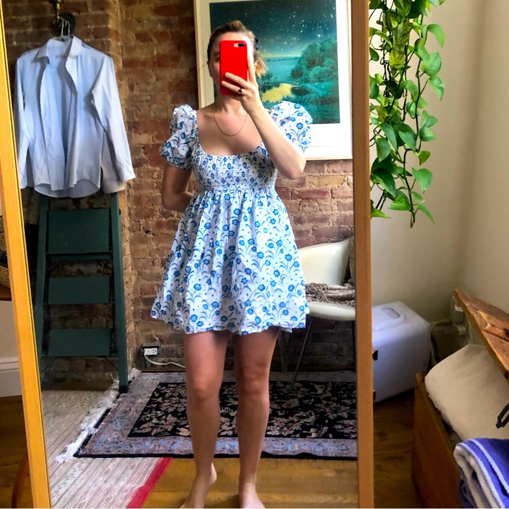 Smocked baby doll blue floral dress